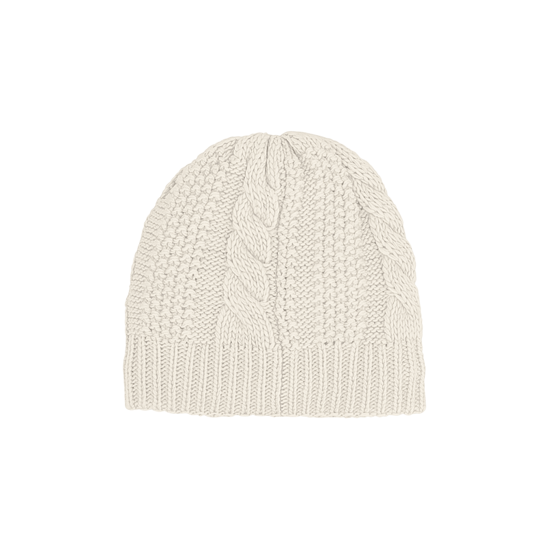 The North Face cable knit beanie in white with soft fleece lining, ideal for cold weather and eco-friendly fashion.