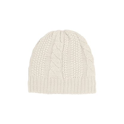 The North Face cable knit beanie in white with soft fleece lining, ideal for cold weather and eco-friendly fashion.