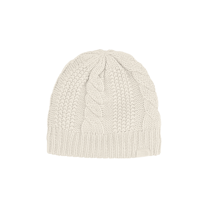 White women's cable knit beanie by The North Face, providing warmth and a trendy look for winter and daily wear.