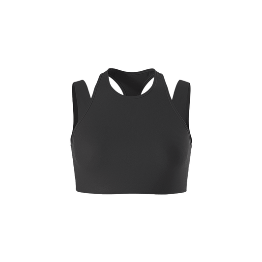 Black sports bra with cutouts, double-layer design for medium-impact support and moisture-wicking.