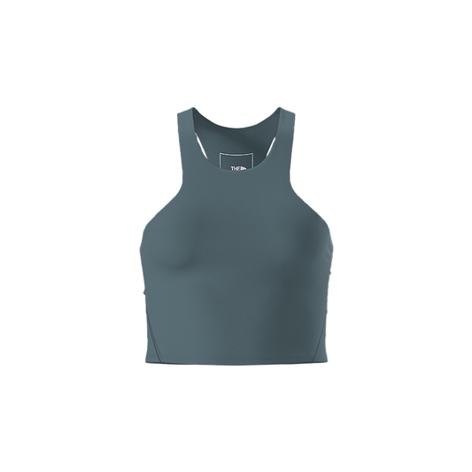 Blue longline sports bra with a black racerback for added coverage and comfort.