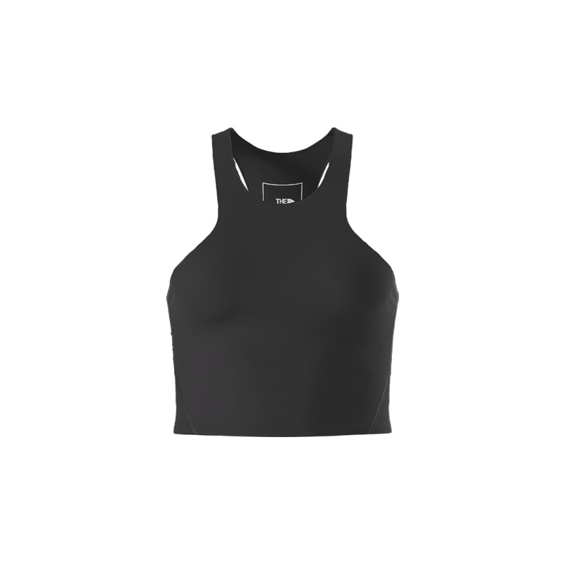 Black longline sports bra made from soft, stretchy fabric for comfort and support.