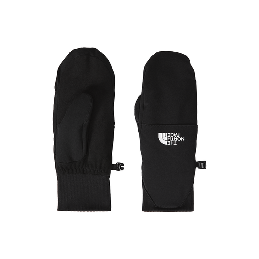 Black North Face mitts with touchscreen compatibility, fleece lining, and water-repellent finish.
