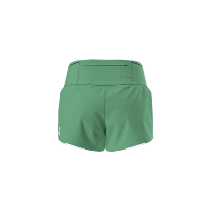 The North Face green women's shorts, 3-inch inseam, breathable, quick-drying, with pockets and eco-friendly fabric for outdoor activities.