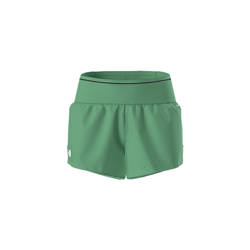 Green women's short shorts designed for trail running, featuring moisture-wicking fabric and multiple pockets for convenience.