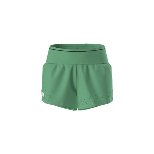 Green women's short shorts designed for trail running, featuring moisture-wicking fabric and multiple pockets for convenience.