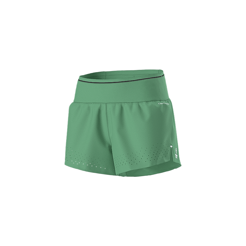 Lightweight green women's shorts for trail running, made with recycled materials and equipped with moisture management technology.