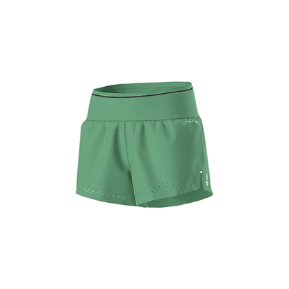 Lightweight green women's shorts for trail running, made with recycled materials and equipped with moisture management technology.