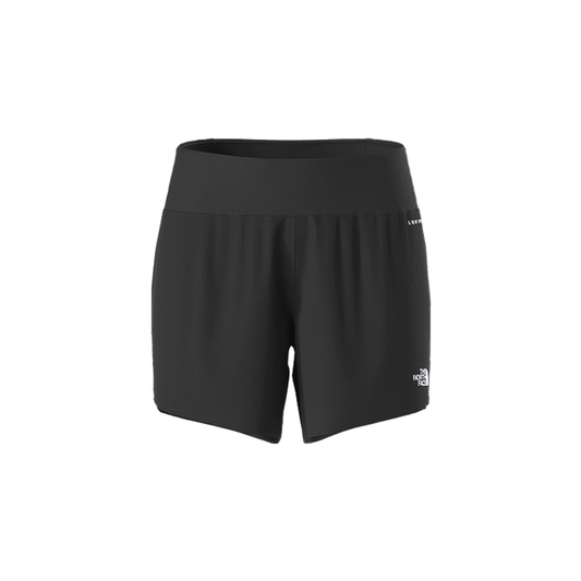 Black North Face women's Sunriser 5" shorts, lightweight with UPF 40+ and built-in liner.