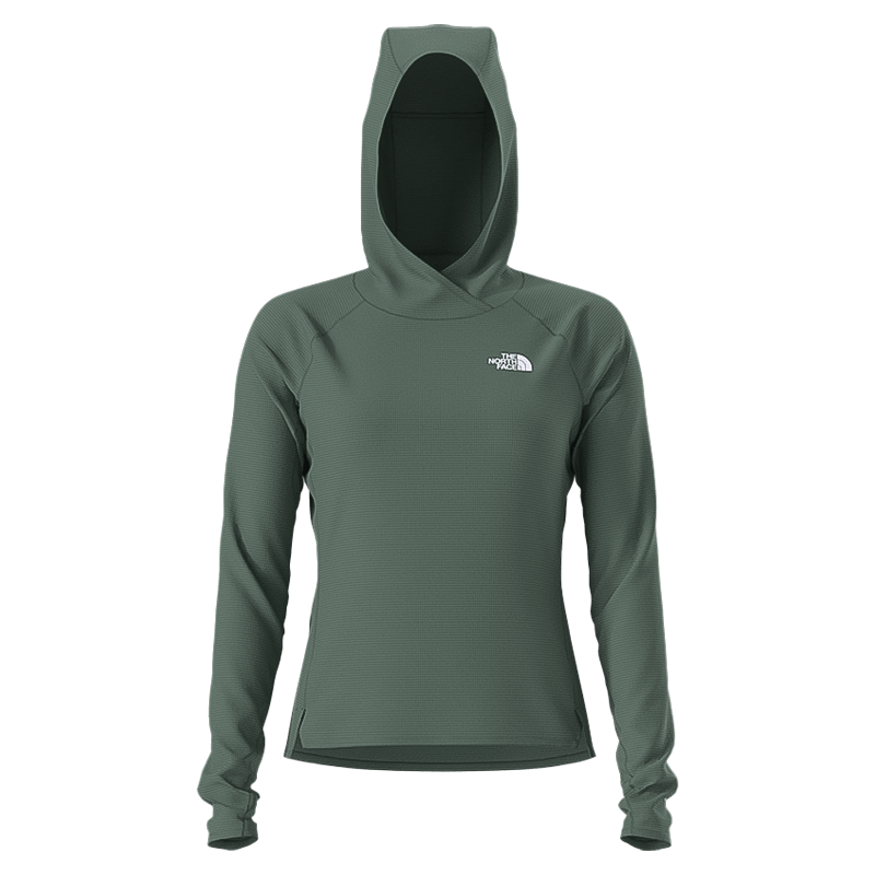 Green North Face women's hoodie for trail running, made from lightweight, eco-friendly fabric.