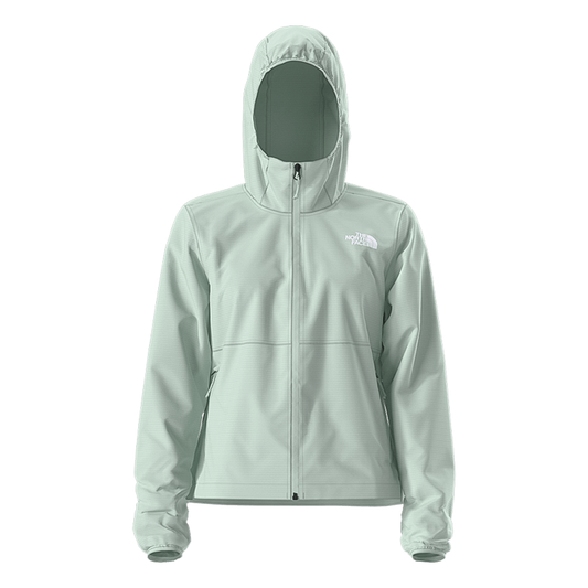 Mint green women's North Face cyclone hooded wind jacket, wind-resistant, packable, with adjustable hood and secure zippered pockets.
