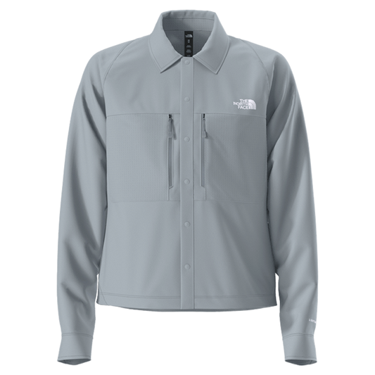 Grey long sleeve shirt by The North Face, featuring moisture-wicking, sun protection, and breathable design for hiking.