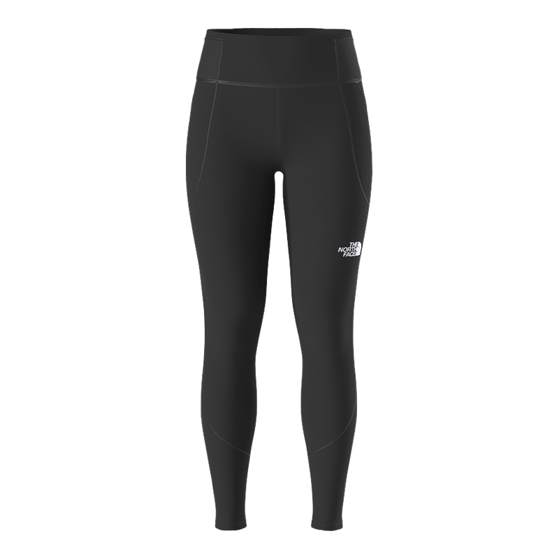 The North Face women's black thermal tights, featuring a stretchy fit, moisture-wicking, and reflective details for winter activities.