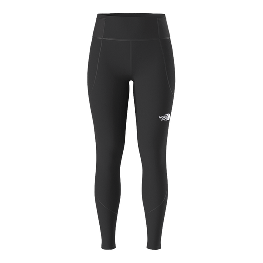 The North Face women's black thermal tights, featuring a stretchy fit, moisture-wicking, and reflective details for winter activities.