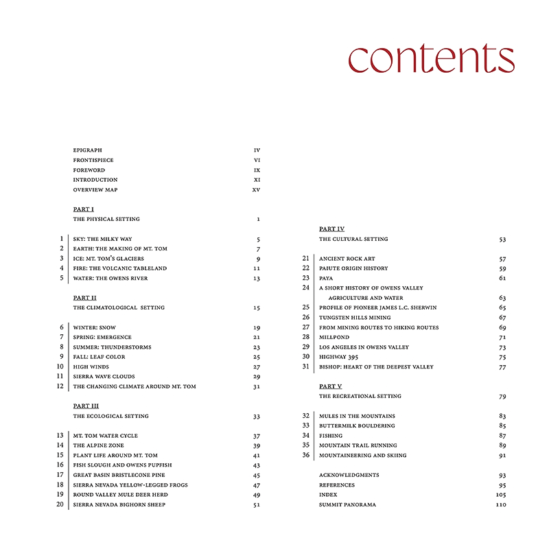 Contents of "Thirty-Six Views of Mt. Tom," a book blending art and science about California's Eastern Sierra.