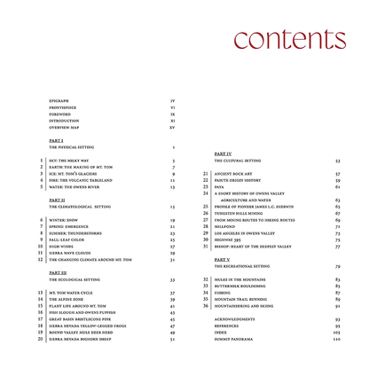Contents of "Thirty-Six Views of Mt. Tom," a book blending art and science about California's Eastern Sierra.