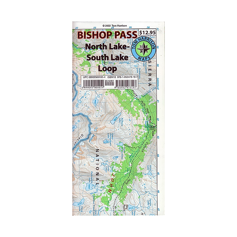 Detailed map of Bishop Pass by Tom Harrison, highlighting trails and natural landmarks.