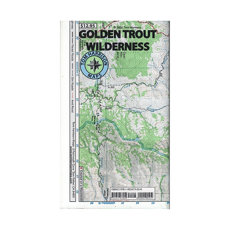 Map of Golden Trout Wilderness by Tom Harrison, highlighting trails and lakes.
