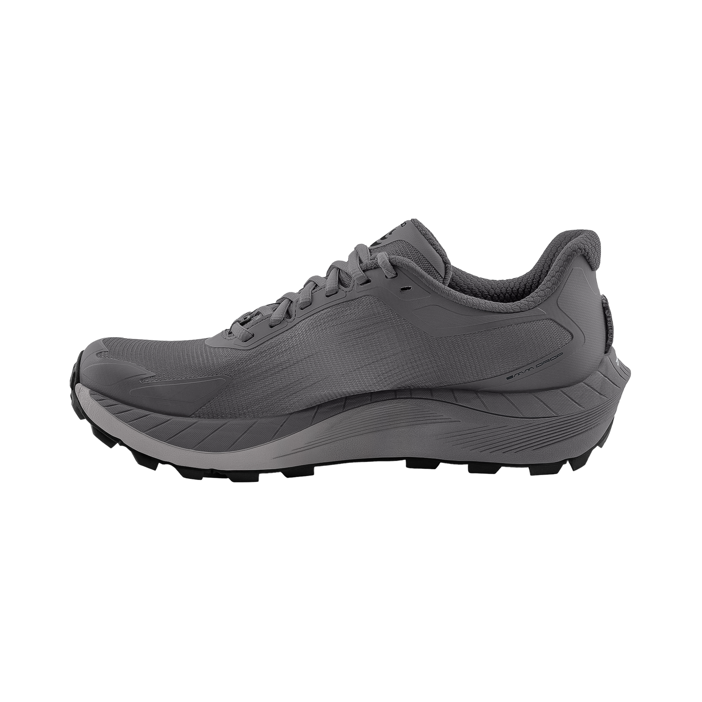 Topo MTN Racer 4 men's trail running shoe in grey designed for comfort and durability on rocky and muddy trails.