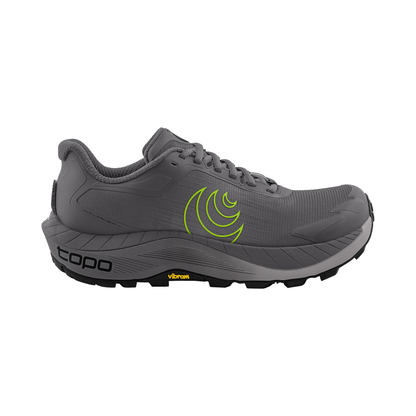 Grey men's trail running shoe with neon green logo, Topo MTN Racer 4, designed for durability and comfort on challenging terrains.