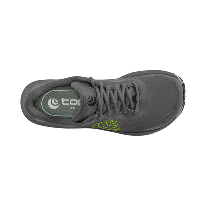 Grey Topo MTN Racer 4 men's trail running shoe with neon green logo built for performance with a cushioned midsole and secure fit.