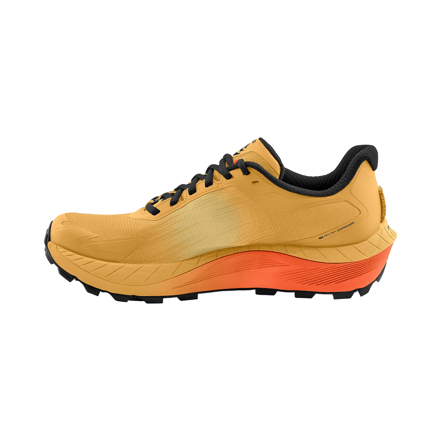 Yellow and orange Topo men's trail running shoe, designed for durability and comfort on challenging terrains.