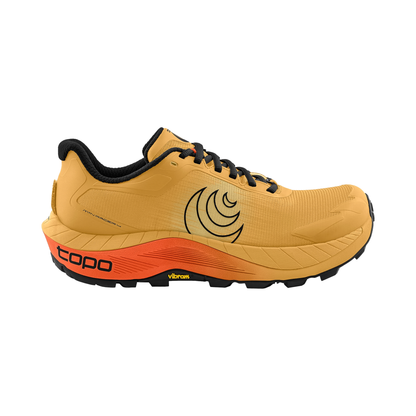 Men's Topo MTN Racer 4 in vibrant yellow and orange trail running shoe, offering comfort and grip for rugged trails.