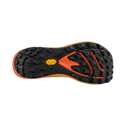 Orange and black sole of the Topo MTN Racer 4 shoe designed for durability and comfort in trail running.