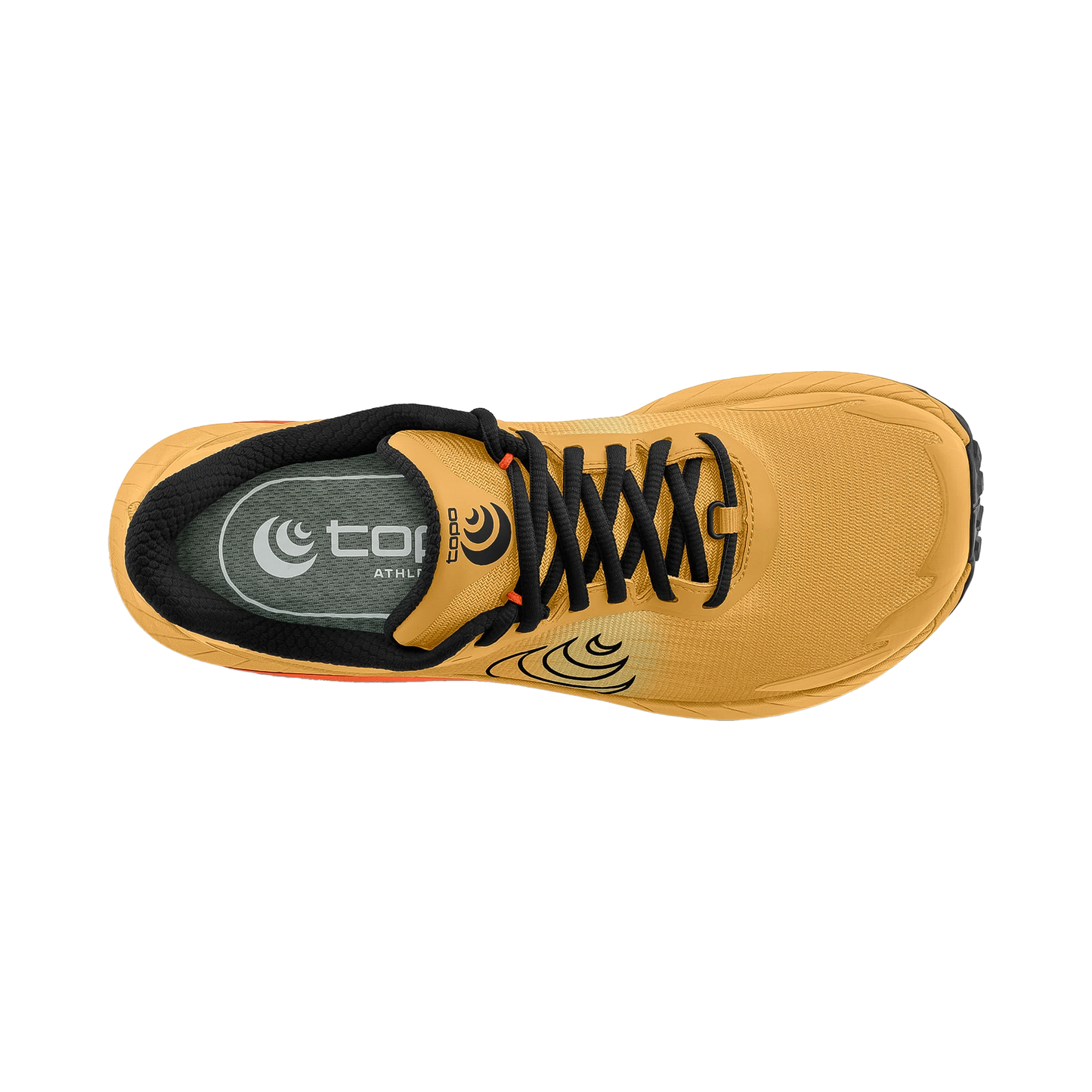 Yellow and black Topo MTN Racer 4 running shoe, designed for trail running with durable materials and a comfortable fit.