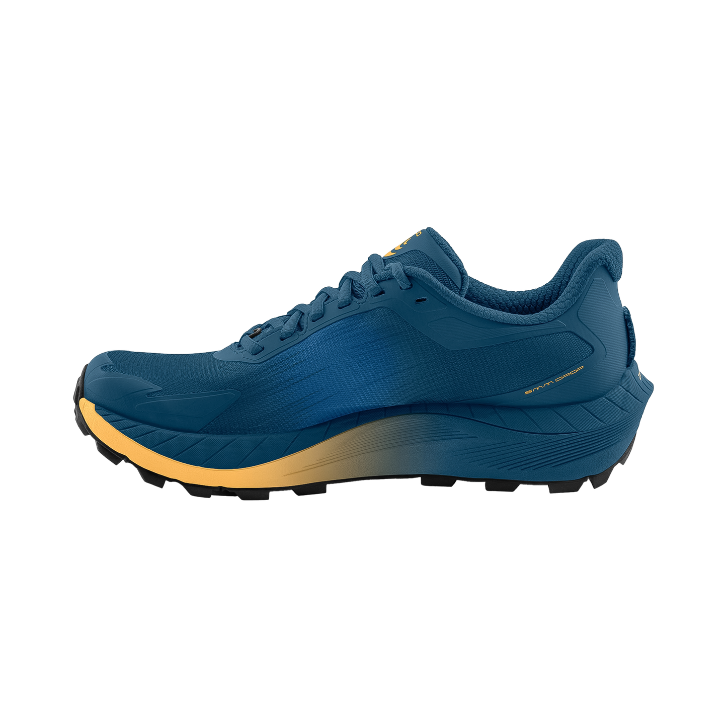 Topo MTN Racer 4 men's trail running shoe in blue and gold, featuring a cushioned midsole and Vibram outsole for grip.