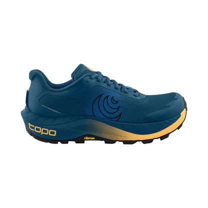 Blue and gold Topo MTN Racer 4 men's trail running shoe, designed for durability and comfort on challenging terrains.