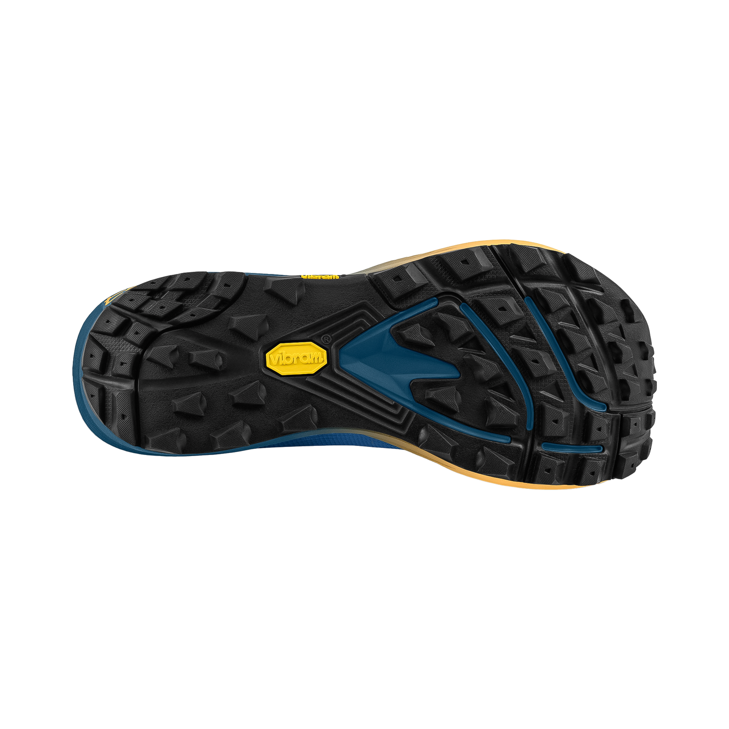 Sole of a blue and gold Topo MTN Racer 4 shoe, designed for trail running with durable grip and cushioning features.