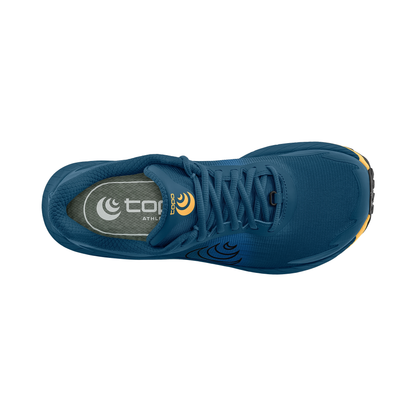 Blue running shoe with gold details designed for trail runners, featuring a spacious toe box and excellent traction.