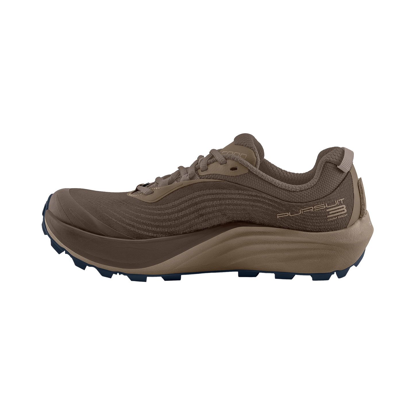 Brown an tan men's trail running shoe featuring a zero-drop design, Vibram outsole, and wide toe box for natural movement.