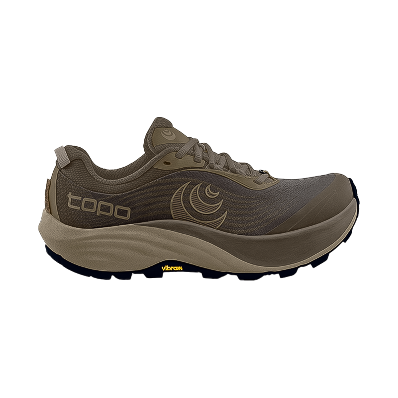 Topo Athletic Pursuit 3 trail running shoes in brown and tan, featuring zero-drop design and Vibram Megagrip traction.