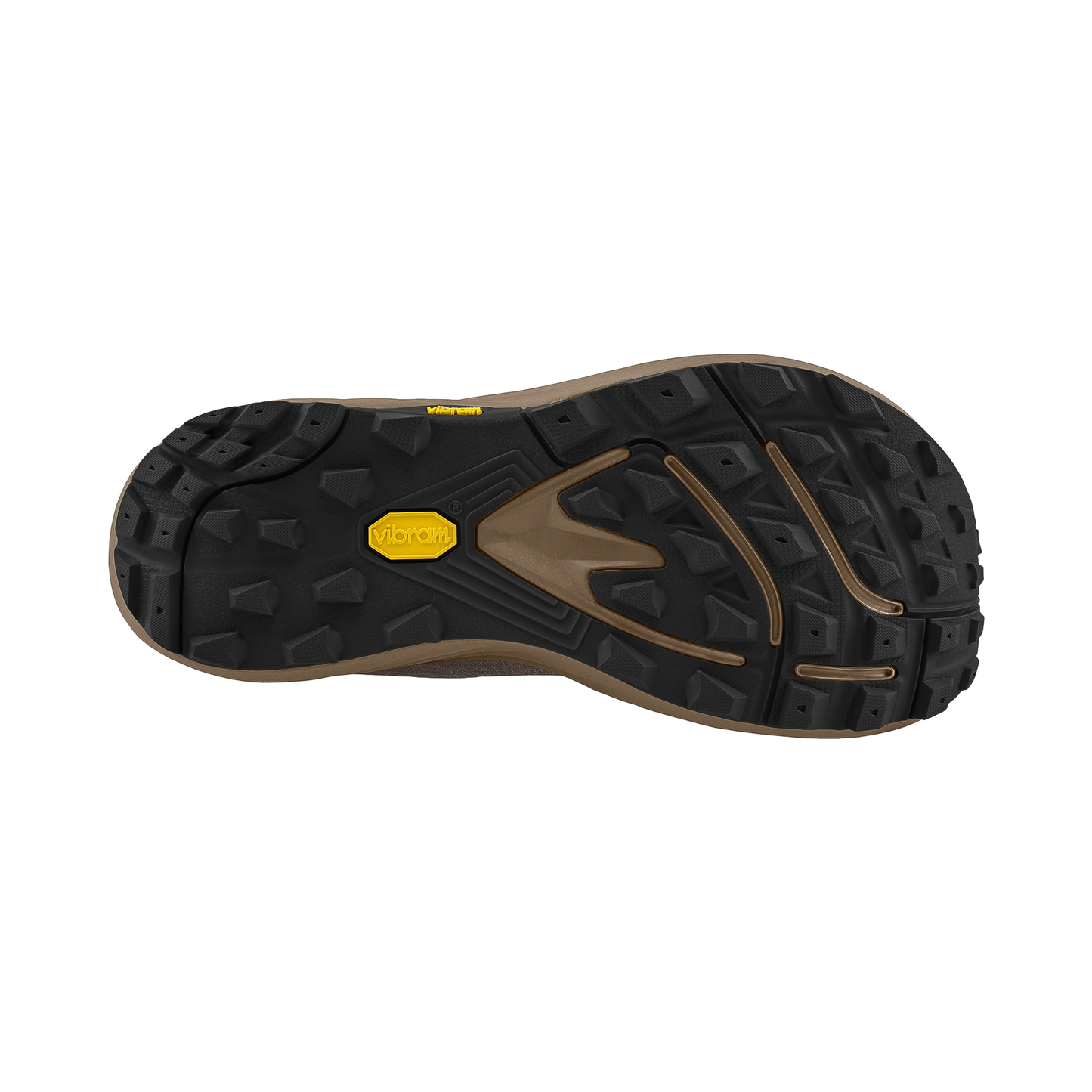 Brown and tan Topo Traverse shoe sole featuring aggressive lugs for traction on various terrains, designed for trail running comfort.