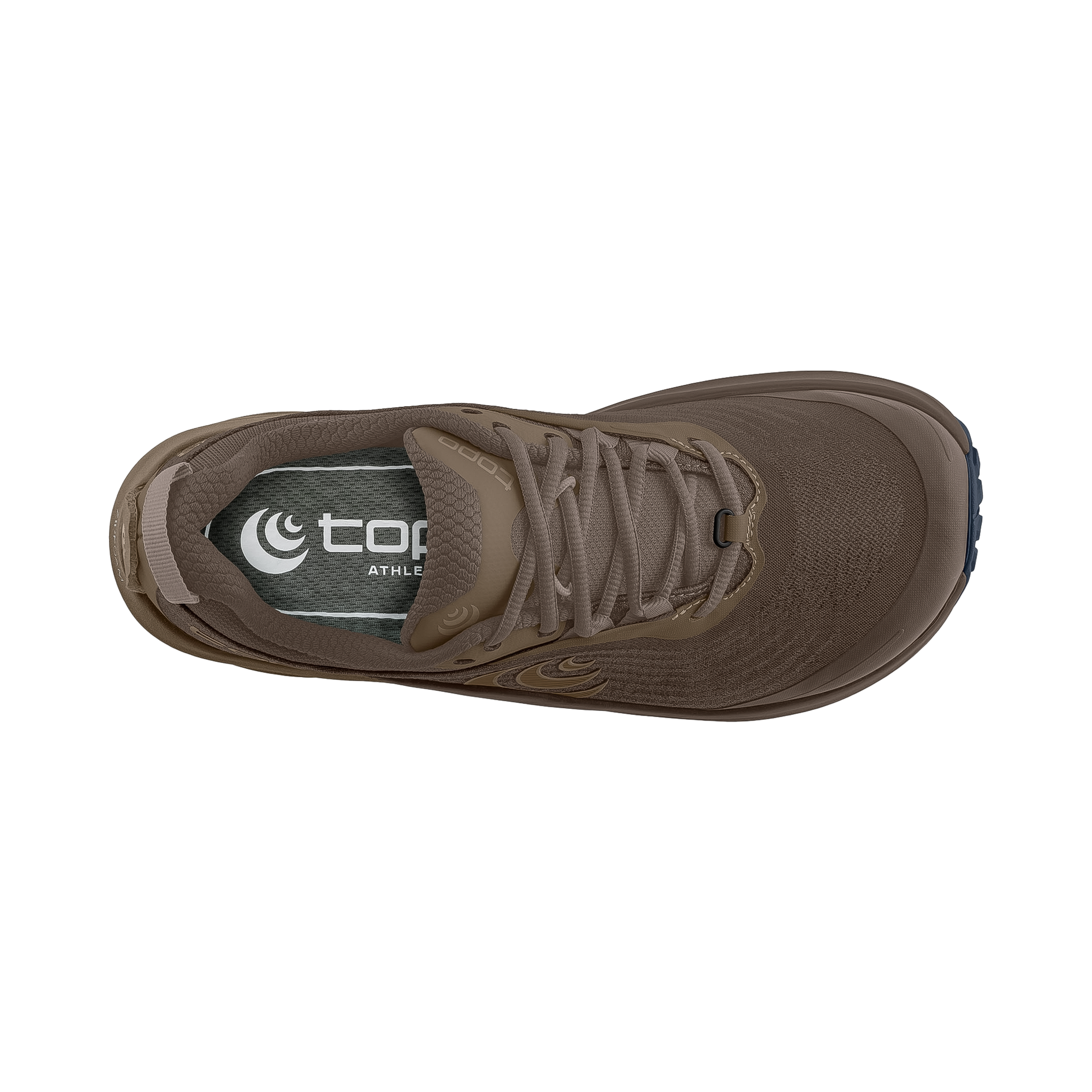 Brown and tan trail running shoe with a black sole, designed for comfort and grip, featuring a wide toe box and zero-drop platform.