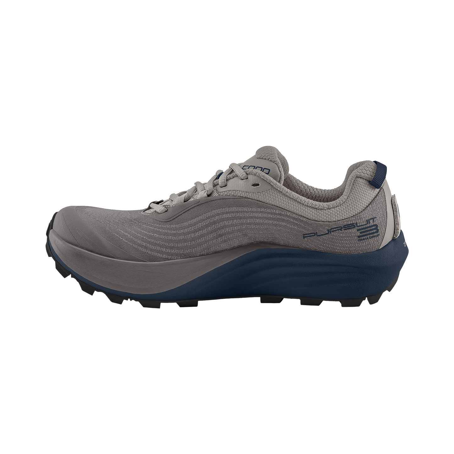 Men's Topo Pursuit 3 trail running shoes in grey and navy, offering zero-drop performance and Vibram traction for varied terrains.