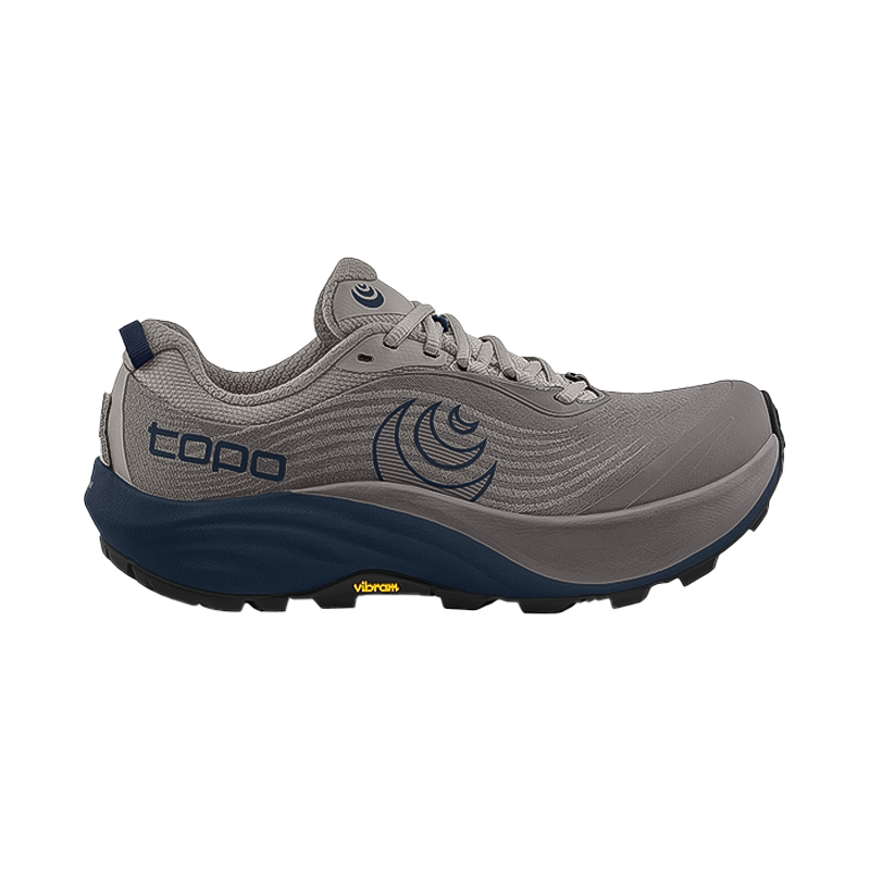 Grey and navy Topo Athletic Pursuit 3 trail running shoes feature a zero-drop design and Vibram Megagrip traction for all terrains.