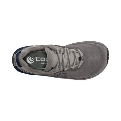 Grey and navy Topo Athletic Pursuit 3 shoes, designed for trail running with zero-drop performance and superior grip.