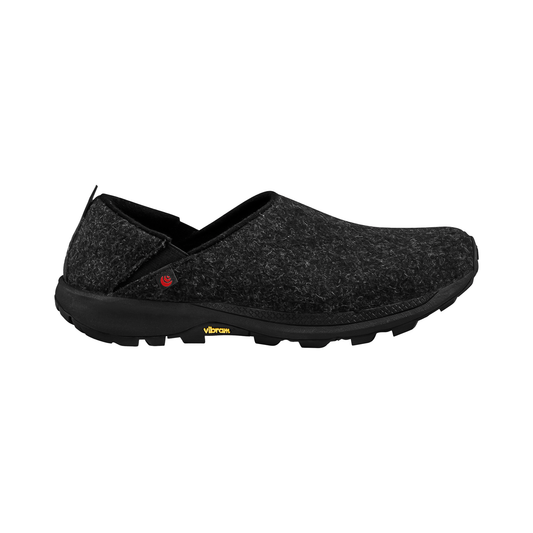 Comfortable black wool Topo Rekovr 2 slip-on shoe with a massaging footbed and durable outsole.