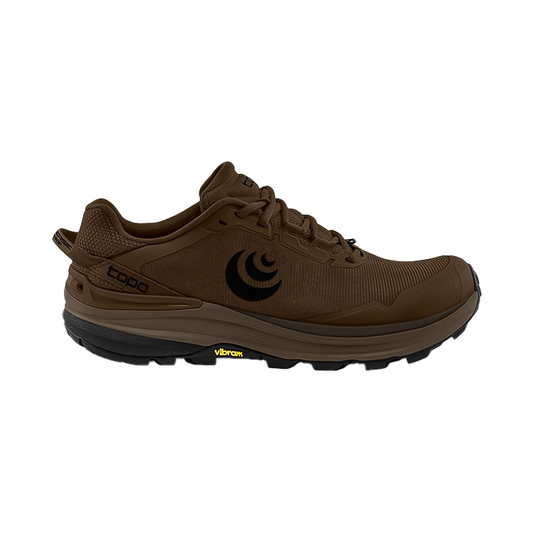 Men's brown hiking shoe with a logo, designed for comfort, traction, and quick drainage on rugged trails