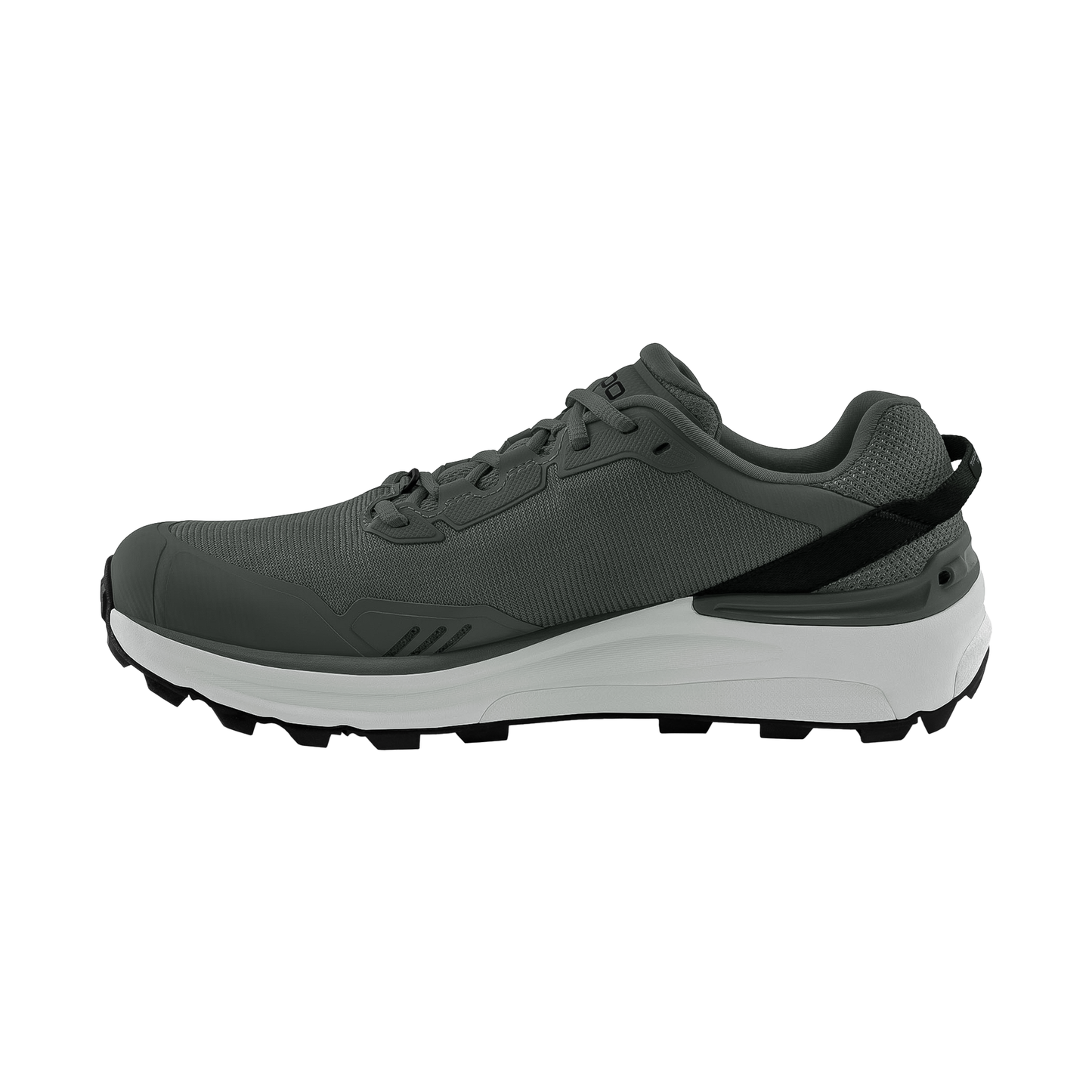 Grey and black Topo Traverse men's trail running shoe, combining comfort, traction, and quick drainage for all-day adventures.
