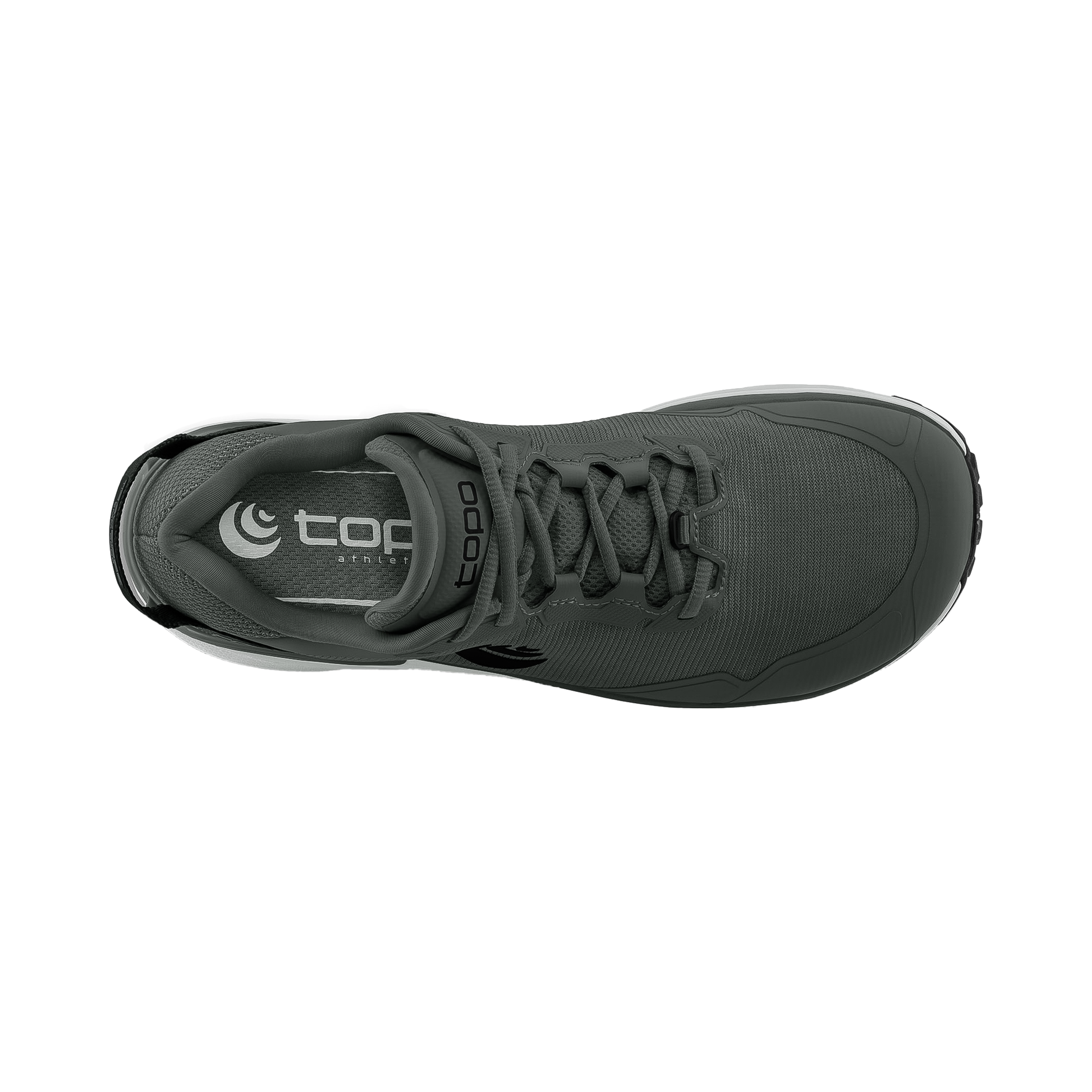 Gray Topo Traverse men's trail running shoe, designed for comfort, traction, and quick drainage in wet conditions.