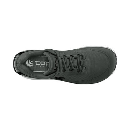 Gray Topo Traverse men's trail running shoe, designed for comfort, traction, and quick drainage in wet conditions.