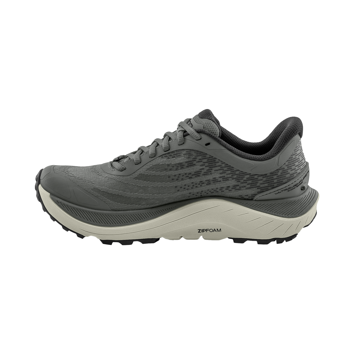 Grey Topo Ultraventure 4 men's trail running shoe, featuring a cushioned midsole and Vibram outsole for mixed terrain traction.