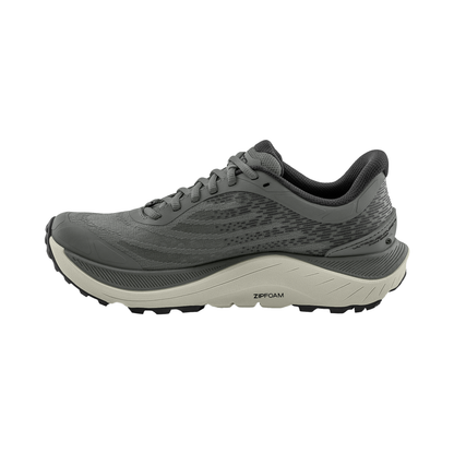 Grey Topo Ultraventure 4 men's trail running shoe, featuring a cushioned midsole and Vibram outsole for mixed terrain traction.