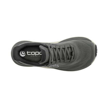 Grey Topo Ultraventure 4 trail running shoe, featuring a cushioned midsole and roomy toe box for comfort on mixed terrain.
