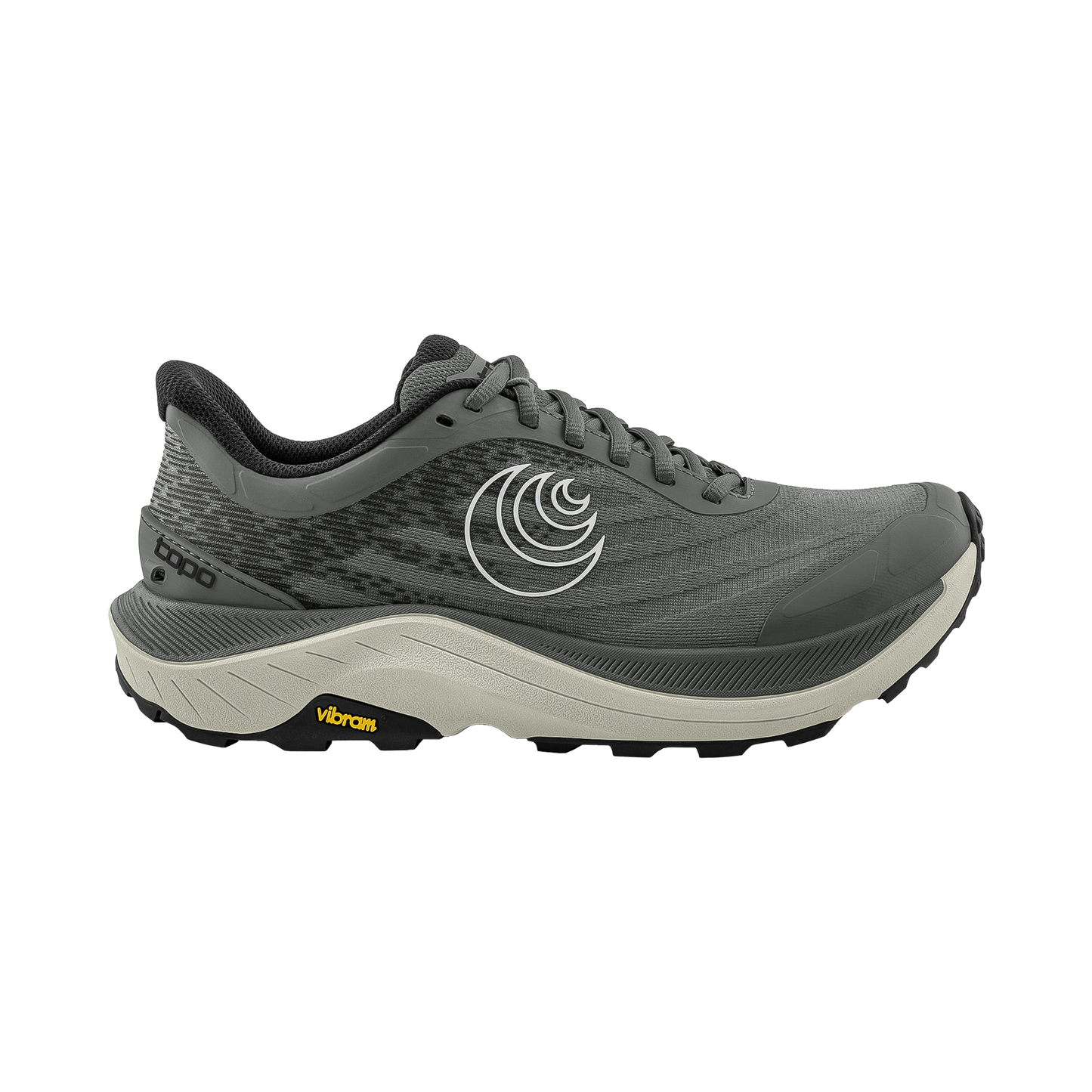 Men's trail running shoe in grey and beige, Topo Ultraventure 4 wide offers cushioning, roomy toe box, and Vibram grip for trails.