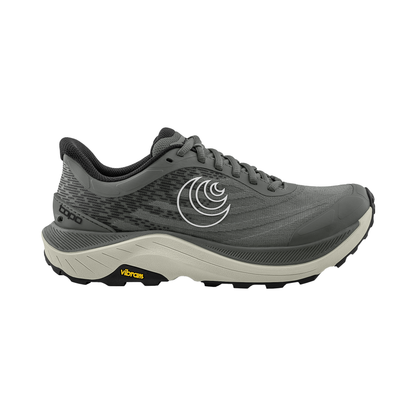 Men's trail running shoe in grey and beige, Topo Ultraventure 4 wide offers cushioning, roomy toe box, and Vibram grip for trails.
